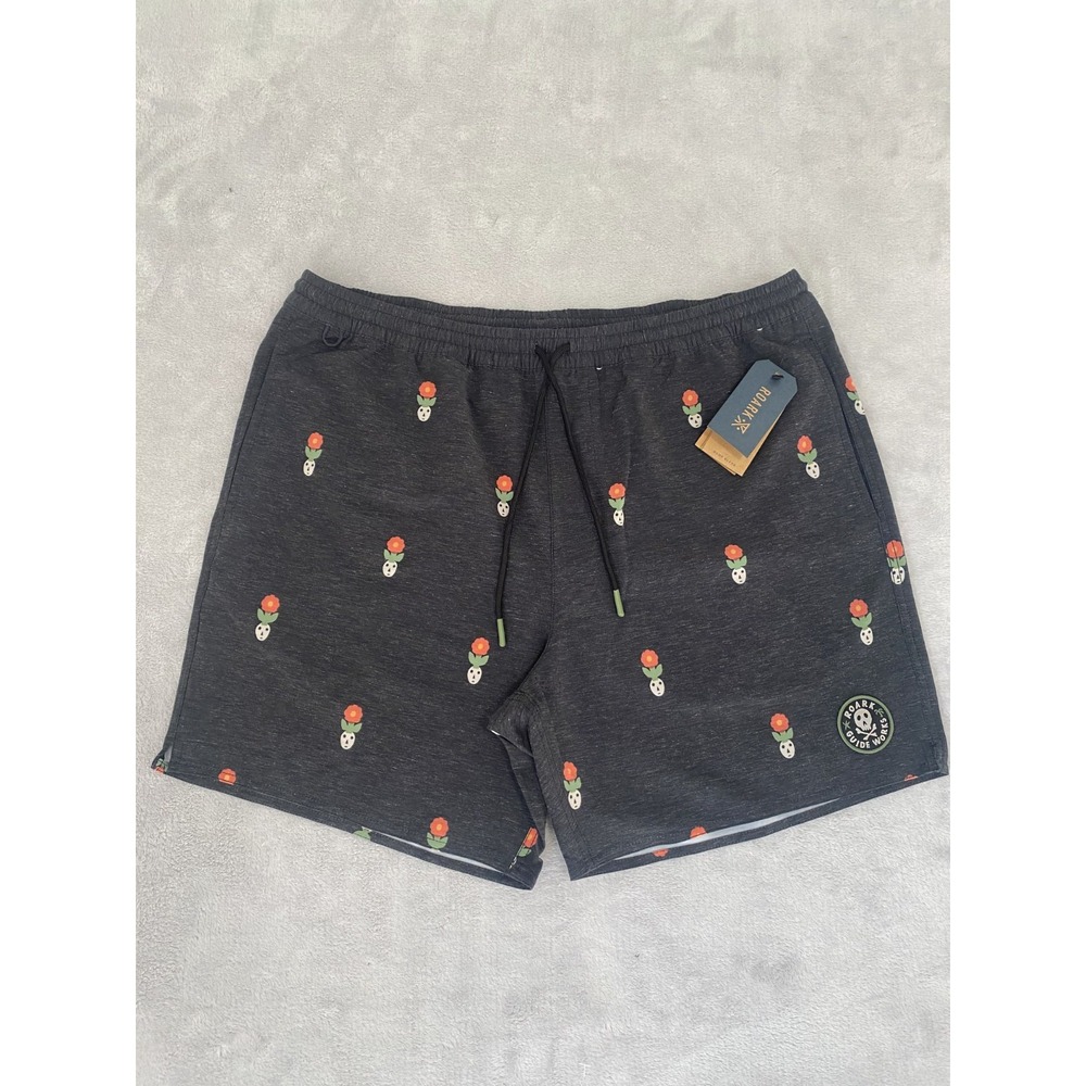 Roark Volley Shorts Mens XL Black Shorey 16" Deep Roots Floral Pocket Drawstring